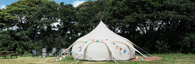 5m Tents - picture of a canvas, 5m bell tent with roof cover. Perfect 4 man tent with lots of standing room and superior quality. Lotus Belle